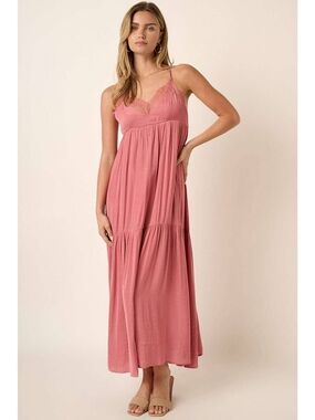 Lace-Trim Pink Maxi Dress - Sleeveless Summer Dress